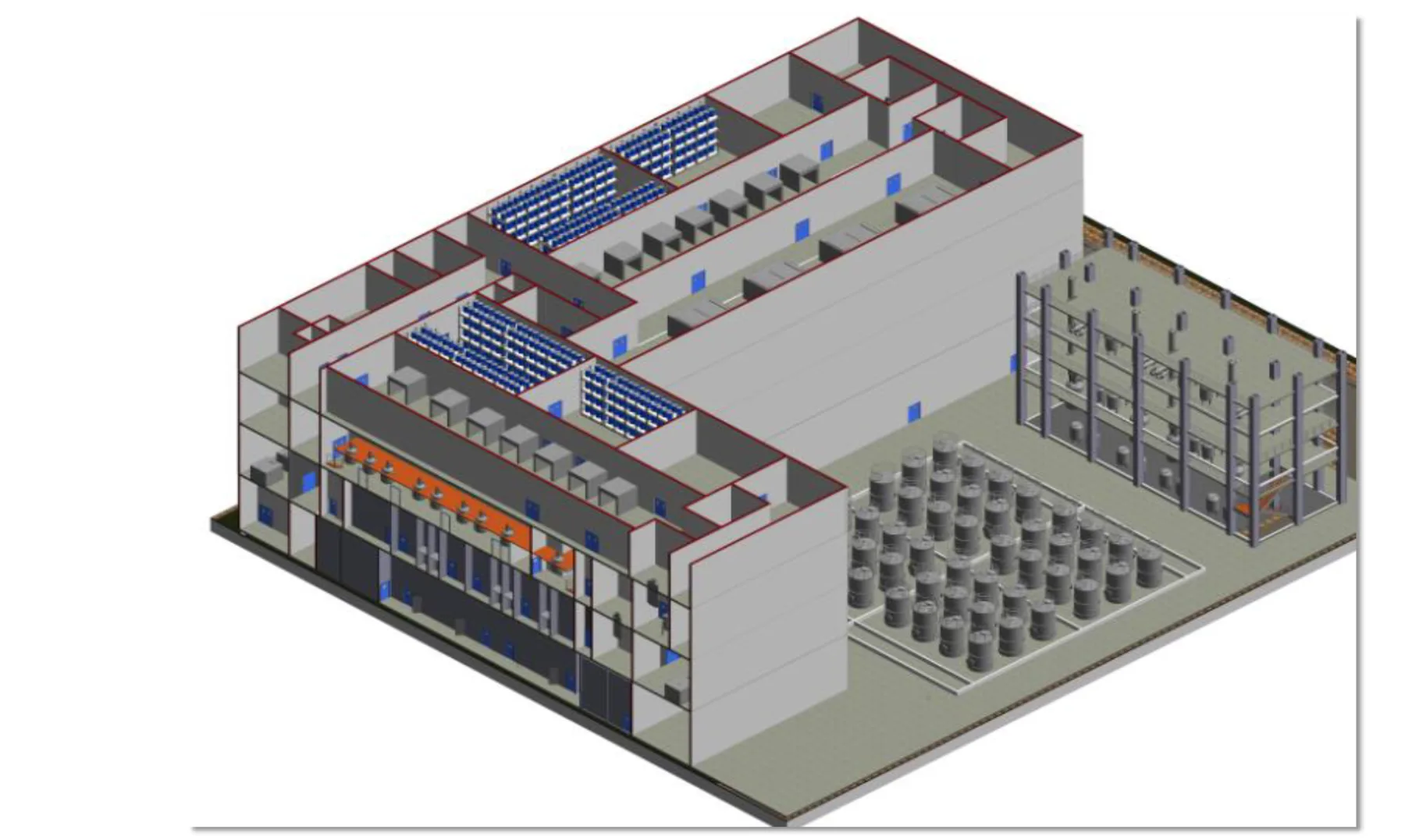 Isometric 3D view of an API manufacturing block