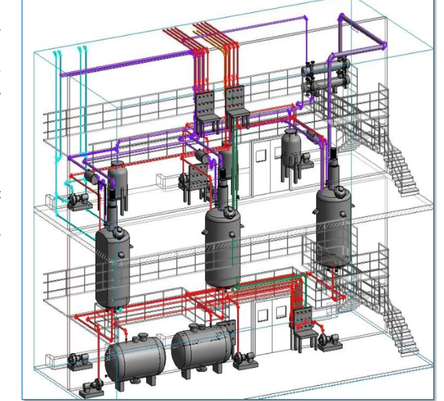 3D view of the solvent transfer panel, day tanks and reactors